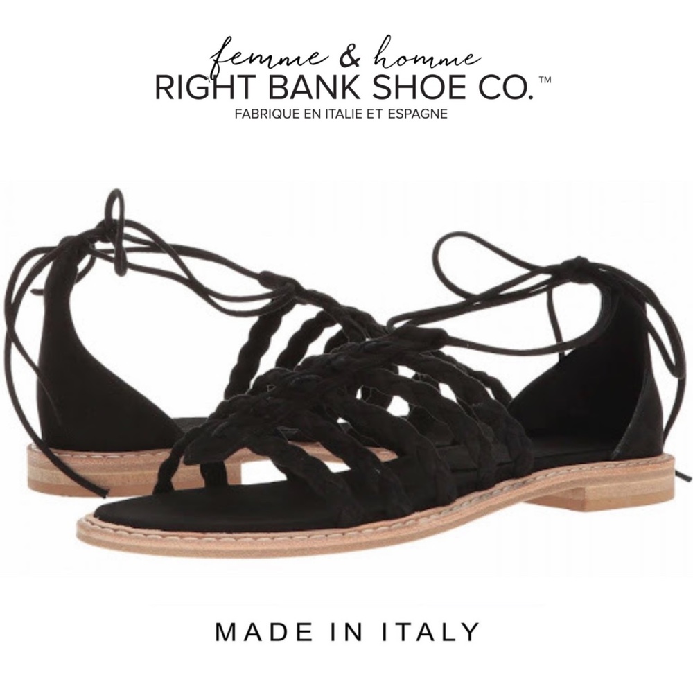 Right Bank Shoe Co Babe Black Suede Leather Flat Sandals - Made in Italy - 7